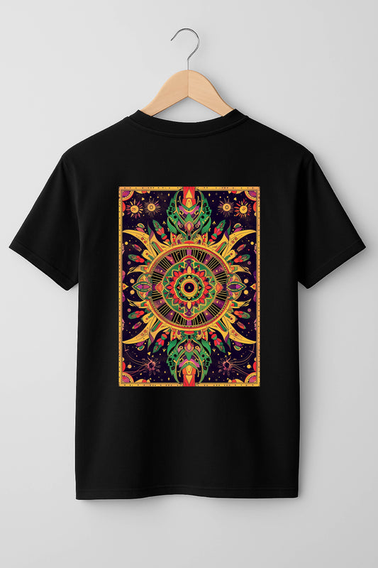 Black t-shirt with a colourful tribal psychedelic mandala rug design on a hanger against a gray background