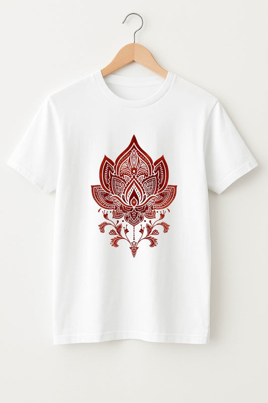 White t-shirt with red lotus flower design on a hanger against a white background
