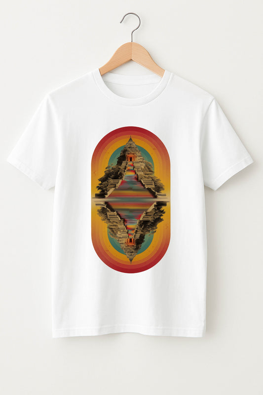 White t-shirt with a colorful graphic design on a white background