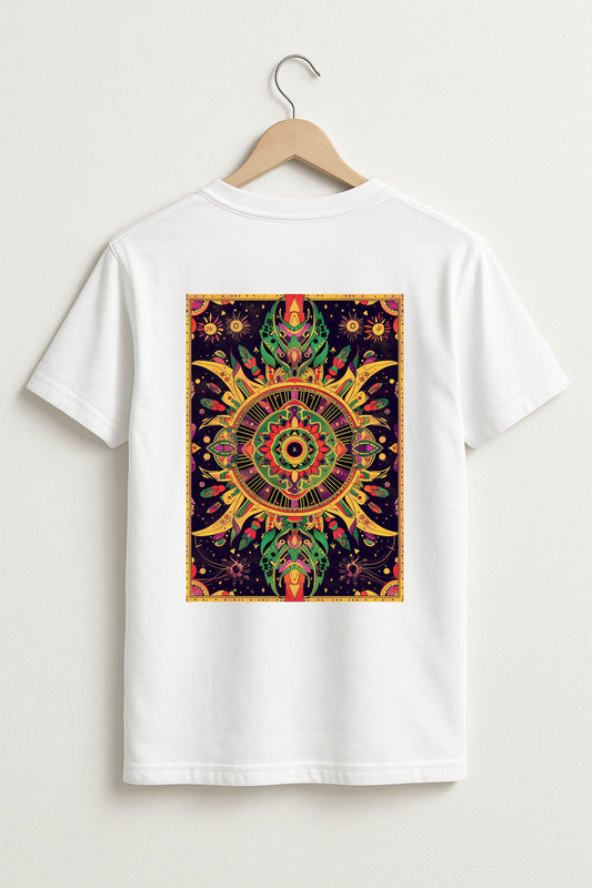 White t-shirt with a colourful tribal psychedelic mandala rug design on a hanger