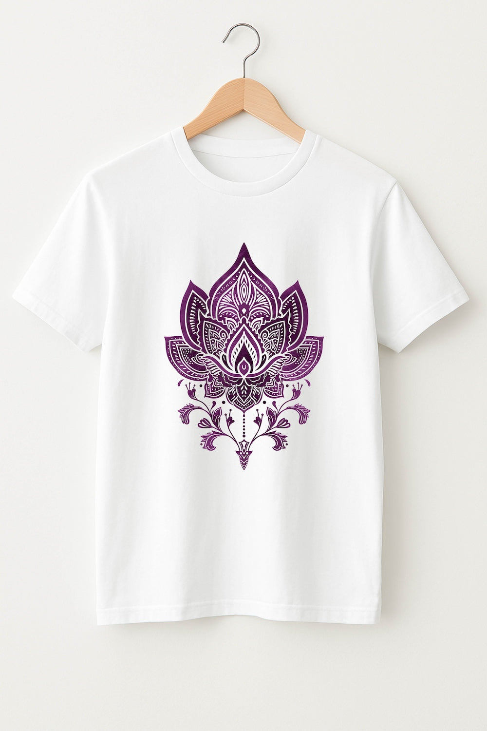 White t-shirt with a purple lotus flower design on a hanger against a white background