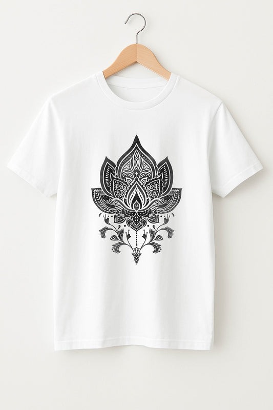 White t-shirt with black lotus flower design on a hanger against a white background