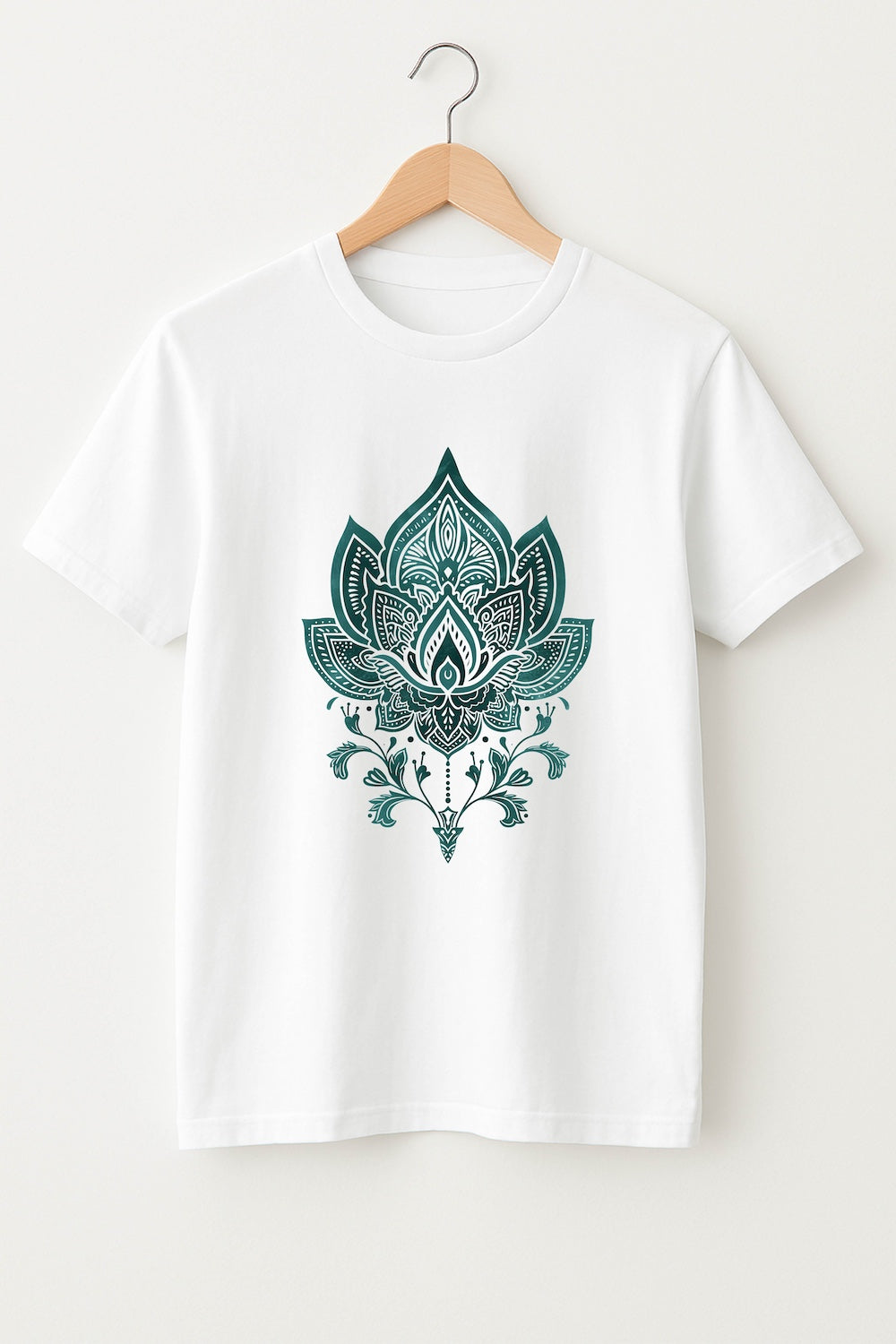 White t-shirt with teal lotus flower design on a hanger against a white background