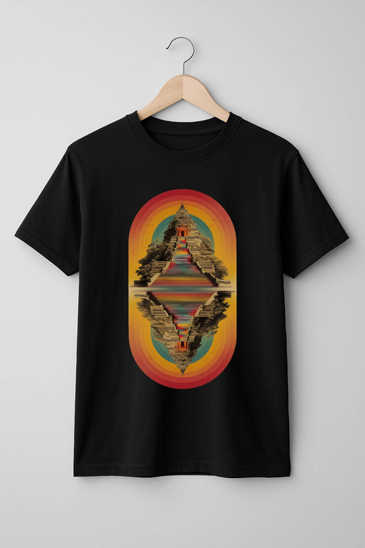 Black t-shirt with a colorful graphic design on a gray background