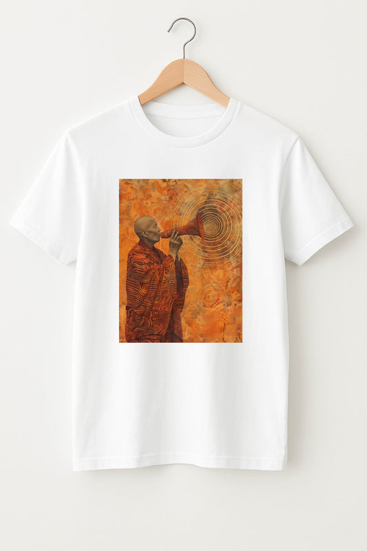 White t-shirt with a graphic design of a person playing a horn on a hanger against a white background